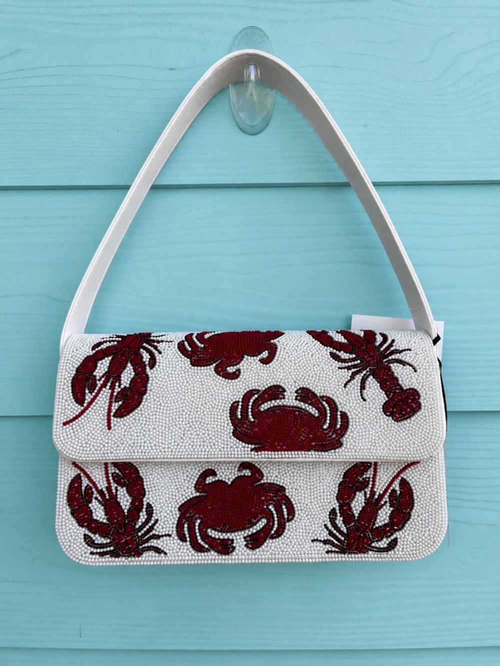 VIRAL Sincerely Jules White Beaded Shoulder Bag with Red Crab & Lobster Motif.